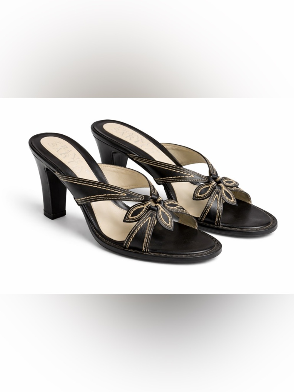 Franco Sarto Black Leather Contrast Stitch Bow Heeled Slide Sandals 6M